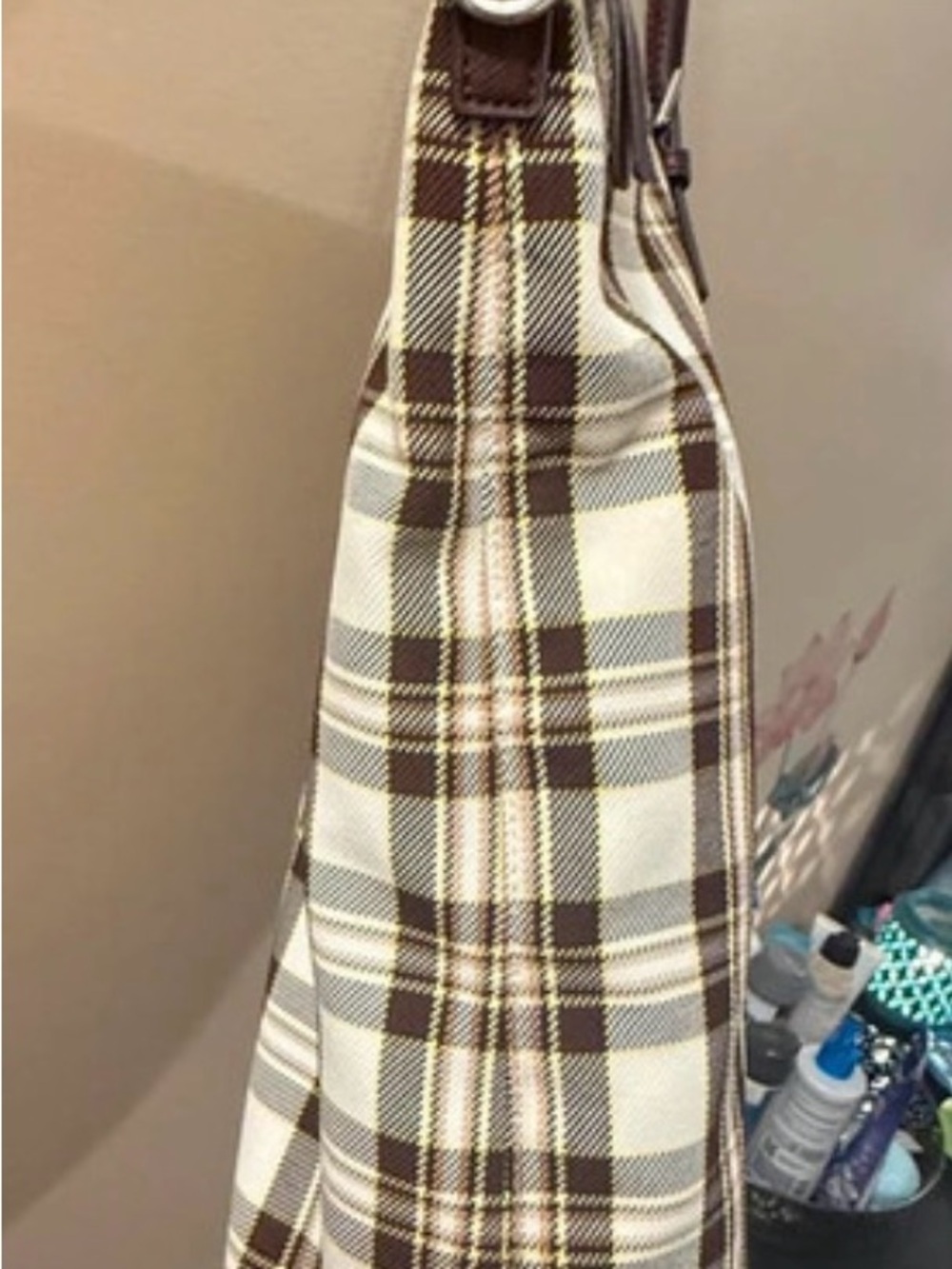 Tory Burch Plaid Canvas Tote Bag with Brown Trim and crossbody strap - Picture 5 of 9